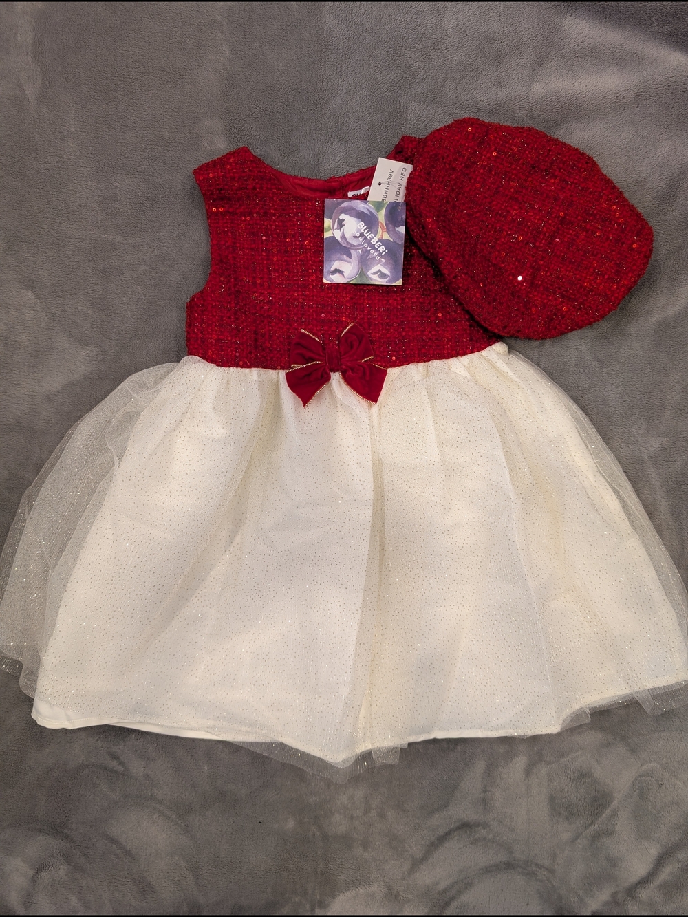 Blueberi Boulevard Red Tweed & Ivory Tulle Holiday Dress with Matching Hat